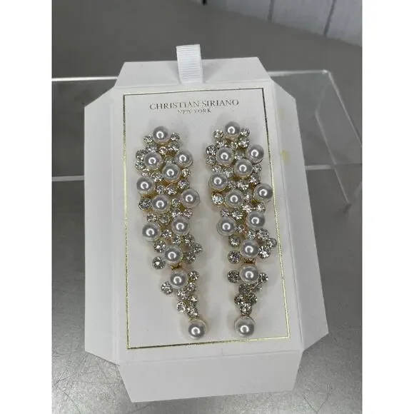 New! Christian Siriano Gold Tone Earrings Chandlier Waterfall Wedding Pearls - Picture 1 of 3